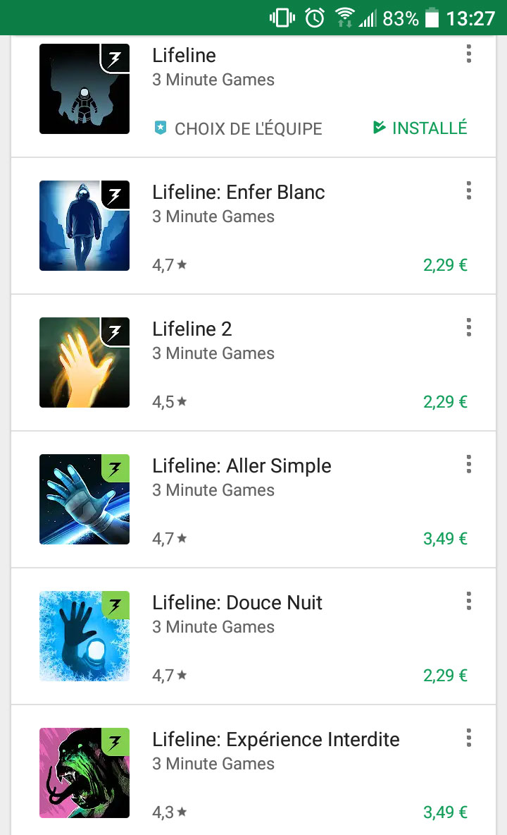 Liste des jeux Lifeline disponible sur Android
